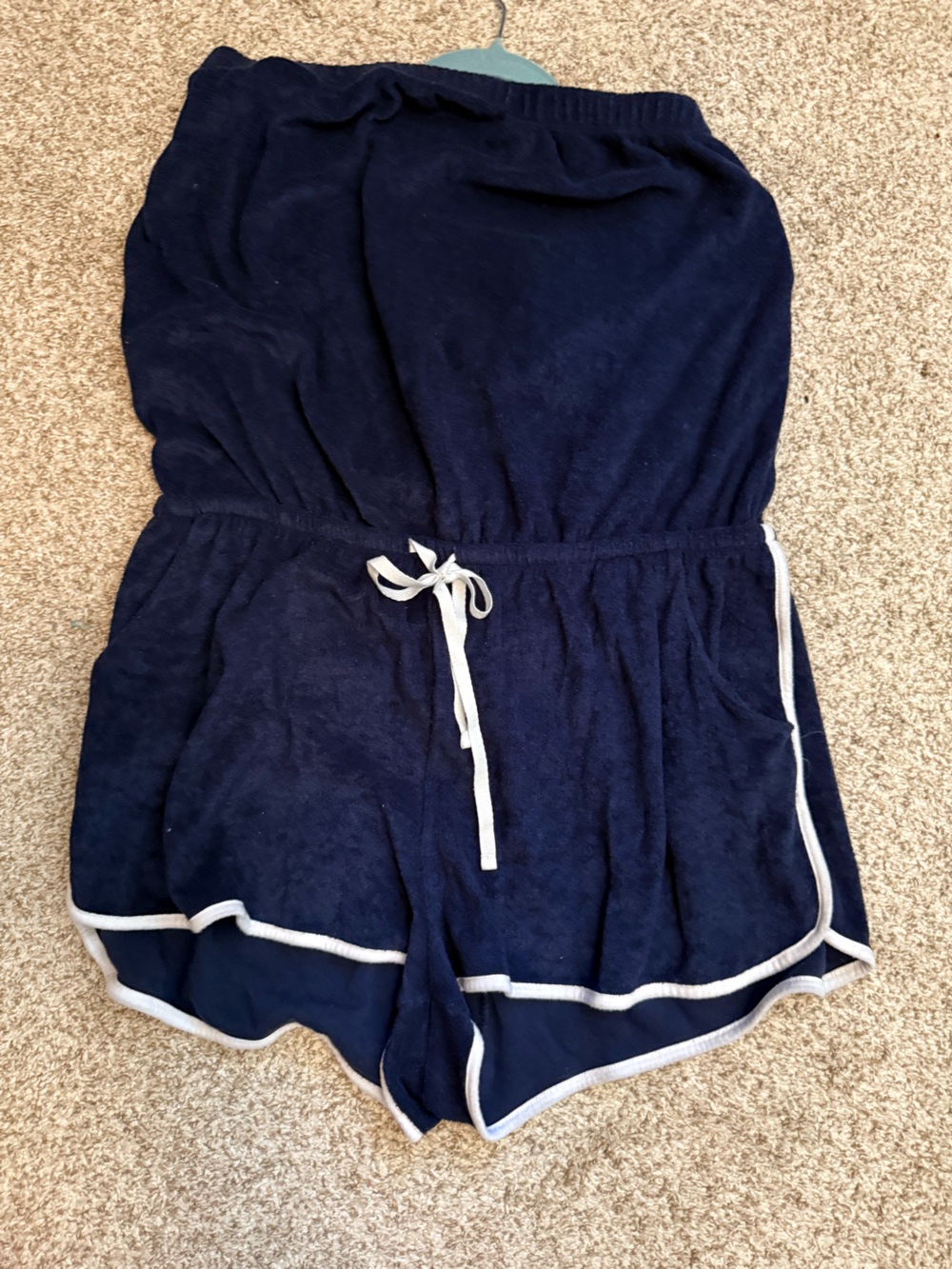 No Boundaries  Navy Terry Romper with White Drawstring
